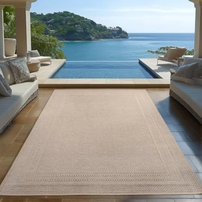 Abbildung von Carpetsale24 Outdoor Teppich Beige 120x170 cm, Wetterfest &amp; UV beständig, ideal für Küche, Balkon, Terrasse, Garten auch Wohnzimmer und Esszimmer, Einfarbiges Design mit Bordüre, Leicht zu Reinigen