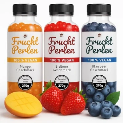 Abbildung von ONHA Bubble Tea Perlen Set 3er Pack mit Popping Boba Fruchtperlen fruchtige Tapioka servierfertig 100% vegan und glutenfrei Erdbeere, Mango, Blaubeere