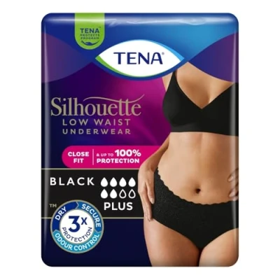 Abbildung von TENA Silhouette Plus Pants Low Waist Unterwäsche, Schwarz, Größe M, 100 % Schutz, enge Passform, Inkontinenzunterwäsche für Damen, 1 Packung mit 12 Stück