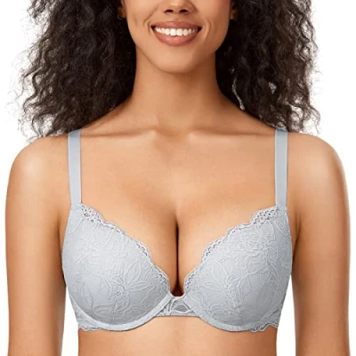 Abbildung von DOBREVA Damen Push Up BH Mit Spitze Gepolstert Plunge Bügel Vollschalen BHS Gemoldete Cups Opalgrau 90D
