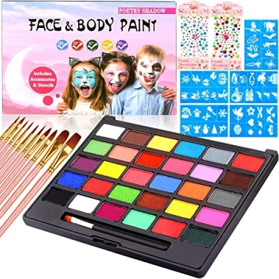 Abbildung von MULEVIP Kinderschminke Set 30 Farben Professionelle Schminkfarben,Halloween Schminke Kinder mit 40 Schablonen,200 Strasssteine,10 Berufs Pinsel,Kinderschminken für Fasching Halloween Karneval Geschenk