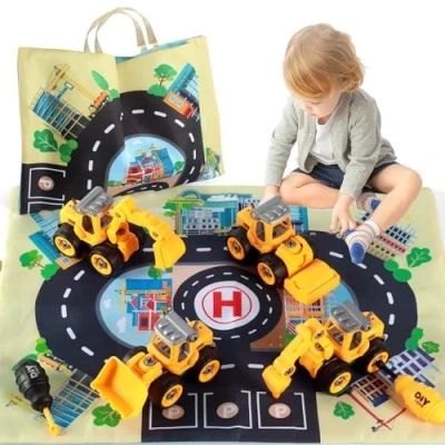 Abbildung von elfish kids Bagger Spielzeug ab 3 Jahre für Jungen, 4 in 1 BAU Baustellenfahrzeuge Kinder mit Spielmatte Set, Zerlegen DIY Baufahrzeuge Lernspielzeug Geschenk Junge 5 6