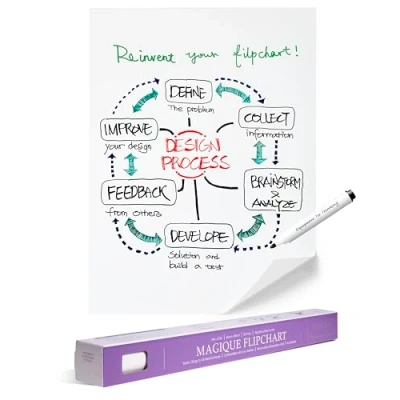 Abbildung von EASYCLING® Magique Flipchart Foil, Elektrostatikfilm für Alle Harten Oberflächen, Haftet Ohne Klebstoffe Oder Magnete, 25 Blätter &amp; 1 Boardmarker Inkl, 60 cm x 80 (Flipchart Basic)