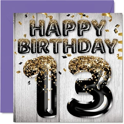 Abbildung von Geburtstagskarte zum 13. Geburtstag für Jungen schwarze und goldene Glitzerballons Happy Karten 13 Jahre alten Sohn Bruder Enkel Cousin 145 mm dreizehn dreizehnte Grußkarten Geschenk