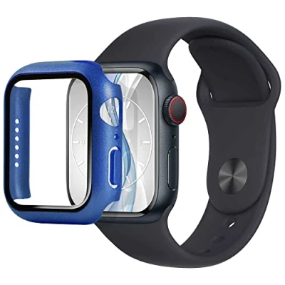 Abbildung von mtb more energy Hülle kompatibel mit Apple Watch 9, 8, 7 (45mm) blau metallic integrierter Displayschutz aus gehärtetem Glas Rundum Schutz Bumper Gehäuse Schutzhülle Tempered Glass
