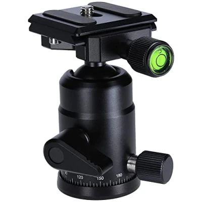 Abbildung von Rollei Stativ Kugelkopf für Compact Traveler No1 Aluminium schwarz, professioneller 360 Grad Stativkopf mit Friktion, 8 KG Tragkraft und 3 Wasserwaagen.Inkl. Acra Swiss Schnellwechselplatte