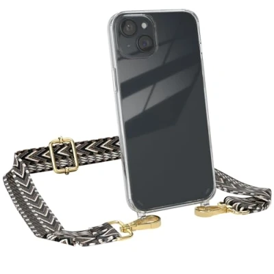 Abbildung von EAZY CASE Handykette mit verstellbarem Trageriemen für iPhone 15 Plus Taschengurt zum Wechseln transparenter Handyhülle Hülle dünner Schulterriemen in Grau Schwarz Gold