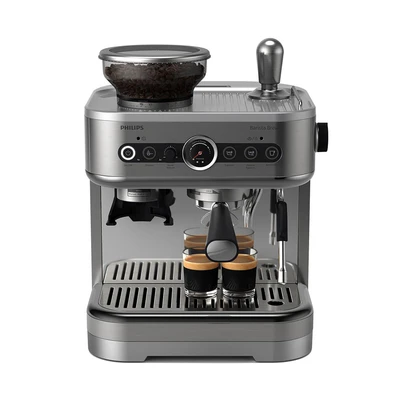 Abbildung von Philips Espressomaschine &quot;PSA3218/01 Barista Brew, halbautomatisch, mit 250 g Bohnenbehälter&quot;, Korbfilter, Siebträger und Milchkanne aus Edelstahl, Silber