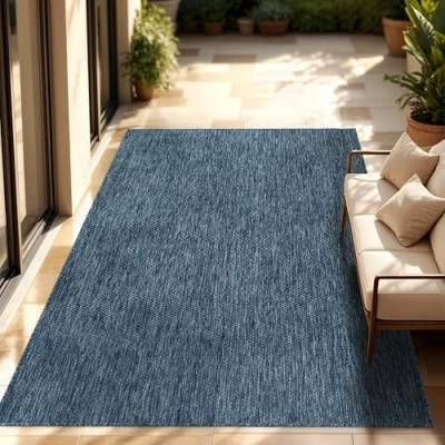 Abbildung von Paco Home Outdoor Teppich Wetterfest Wohnzimmer Balkon Küchenteppich Flachgewebe Sisaloptik Meliert Einfarbig, Grösse:120x160 cm, Farbe:Blau