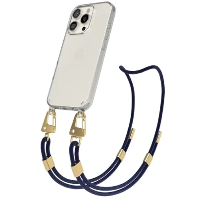 Abbildung von EAZY CASE Handykette mit Karabiner kompatibel iPhone 16 Pro Hülle Silikon Fallschutz transparente für Apple Kette zum Umhängen Schutzhülle in Nacht Blau Transparent Gold