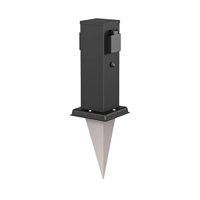 Abbildung von ledscom.de Garten Steckdosen Säule Polly mit Dämmerungssensor und Erdspieß für außen, 2 Fach, Edelstahl, eckig, schwarz, 27cm