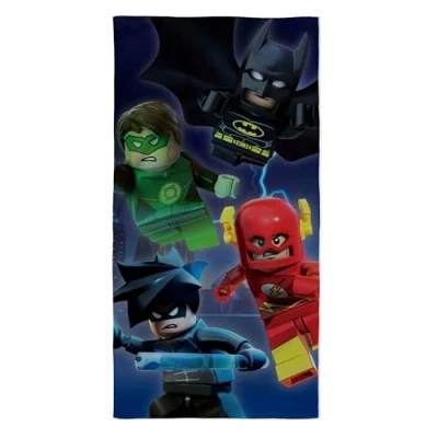 Abbildung von Offizielles LEGO DC Superhelden Strandtuch Batman, Flash, Nacht und Grünlaternen Design 70 x 140 cm 100 % Baumwolle