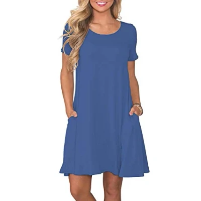 Abbildung von AUSELILY Damen Kleider Sommer Kurzarm Shirtkleider Kurz Sommerkleider Leicht Freizeitkleid mit Taschen Blaue Wegerich XL