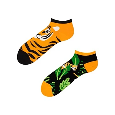 Abbildung von Dedoles Sneaker Socken Low Cut Füßlinge Unisex Damen Herren Baumwolle lustiges Design Geschenk links rechts verschieden, Farbe Orange, Motiv Dschungeltiger, Gr. 39 42