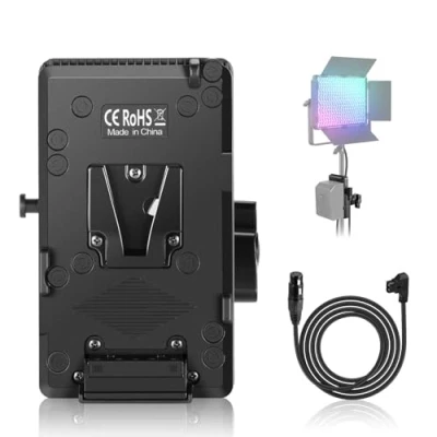 Abbildung von NEEWER V Mount Akkuplatte, Montage Platte mit Super Clamp Stangenhalter D Tap auf 4 Pin XLR Kabel, Adapter für Videobeleuchtung Stromversorgung PL60C Videoleuchte, PS008 K3
