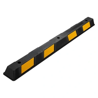 Abbildung von Wiltec Radstopper 165 x 16 10 cm, Einparkhilfe aus Gummi, Parkplatzbegrenzung mit gelben Reflexionsstreifen &amp; Schraubrillen, Parkplatzsperre für Garage