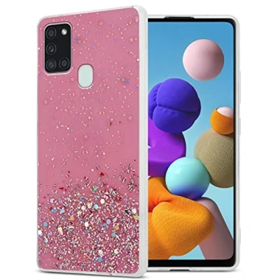 Abbildung von Cadorabo Hülle kompatibel mit Samsung Galaxy A21s Rundumschutz TPU Silikon Case Mädchen Glitzer Strass Design Slim Kratzfest Weiche Gummi Bling Schutzhülle für in Rosa