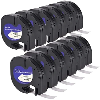 Abbildung von LEYF 12 Stück Etikettenband, Kompatibel mit Dymo 91200, 12mm x 4mm Schriftband für LetraTag LT 100H, 100H Plus, 100T, 100T 2000, QX50, XM, XR, Wasserdicht, Schwarz auf Weiß