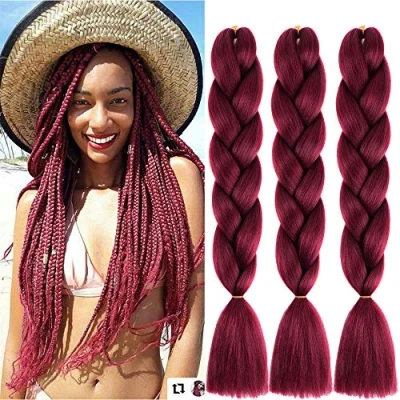 Abbildung von Braids Extensions Kanekalon Kunsthaar Haar Jumbo Flechten Synthetik 24&quot;,Einflechten für Box Braid zum Einflechten Zöpfe (Weinrot)