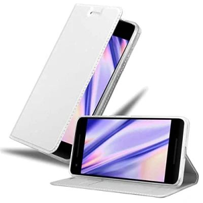 Abbildung von Cadorabo Hülle kompatibel mit Google Pixel 2 XL aus Premium Kunst Leder Flip Klappbare Stoßfeste Magnetische [Standfunktion] [Kartenfächern] Cover für Tasche in Silber