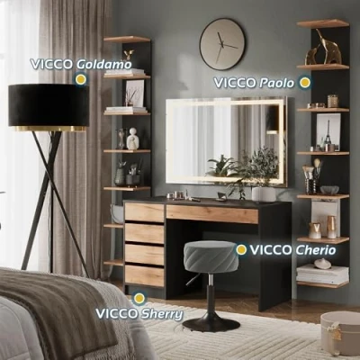Abbildung von Vicco Schminktisch Sherry, Anthrazit/Goldkraft Eiche, 120 x 75 cm mit LED Spiegel