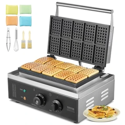 Abbildung von VEVOR Kommerzielles Waffeleisen 1550 W antihaftbeschichtetes aus Edelstahl mit Temperatur und Zeitregelung, Griff, für Restaurant Bäckerei Snackbar Familie 10 rechteckige Waffeln