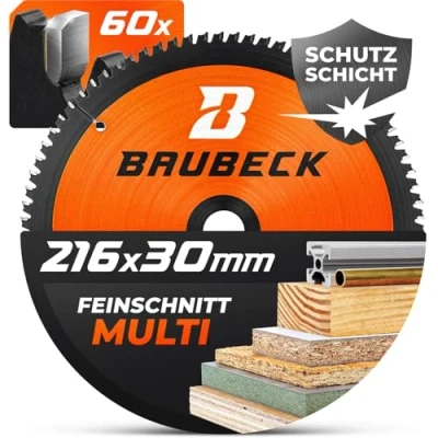 Abbildung von BAUBECK Sägeblatt 216x30 2.4mm Feinschnitt in Holz &amp; Alu, 60 Zähne für Kapp Tischkreissägen, wie Metabo KGS 216M, Bosch GTS 635 216, GCM 8 SJL kompatibel, Kreissägeblatt Kappsägeblatt 216