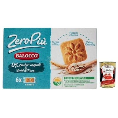 Abbildung von 12x Balocco Zero Più Biscotti Ohne Zuckerzusatz,Kekse mit Reismehl, Haferflocken und Extra Crunchy,Packung 230g + Italian Gourmet Polpa di Pomodoro 400g Dose