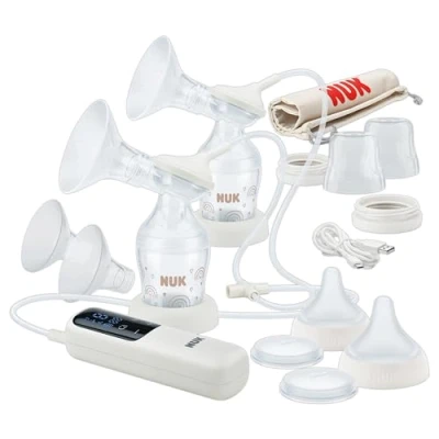Abbildung von NUK Soft &amp; Easy elektrische Doppel Milchpumpe Brustaufsätze aus 100 % Silikon Klein, leicht und leise Akku für unterwegs 24 mm 27 2x Perfect Match Babyflaschen