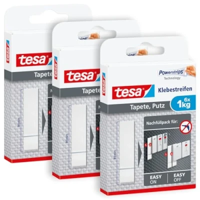 Abbildung von tesa Klebehaken Powerstrips Klebestreifen (Nachfüllpack für den Klebenagel), (Packung, 3 St., 18 doppelseitige Klebestreifen), Stripes Tapete und Putz 6er Pack je max. 1 kg