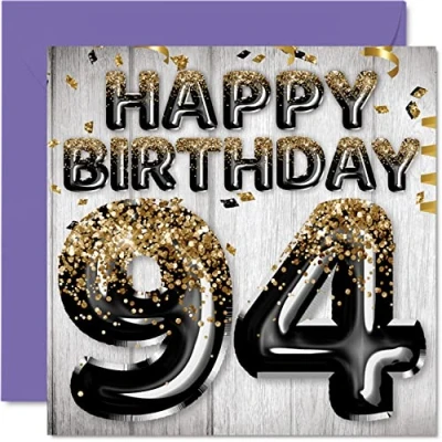 Abbildung von Geburtstagskarte zum 94. Geburtstag für Männer schwarze und goldene Glitzerballons Happy Karten 94 Jahre alten Mann Papa Great Grandad Grandpa Gran 145 mm Ninety Fourth Greeting Cards Gift