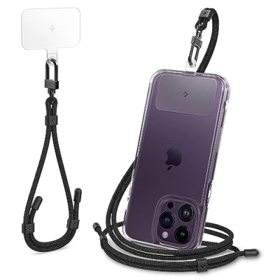 Abbildung von Spigen Universal Handykette zum Umhängen und Handschlaufen Set mit ConTag Smartphones Kette Kompatibel iPhone 16/15 Pro Max, Samsung Galaxy S24/S23, Xiaomi, Pixel Lanyard Strap Schwarz