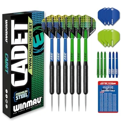 Abbildung von WINMAU Darts Cadet Twinset Premium Stahl 19g Steeldarts Set mit Dart Flüge und Schäften (Stielen) inkl. Punktekarte