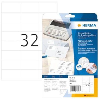 Abbildung von HERMA 4443 Adressetiketten für Schreibmaschinen, 20 Blatt, 70 x 36 mm, 24 pro A4 Bogen, 480 Stück, selbstklebend, bedruckbar, matt, blanko Papier Klebeetiketten Adressaufkleber Etiketten, weiß