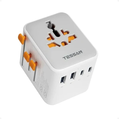 Abbildung von TESSAN Reiseadapter Weltweit mit USB C, Reisestecker Adapter 4 Gesamtleistung 20W, 2500W Stromadapter, Universal für USA Thailand Japan UK Australien Mexiko
