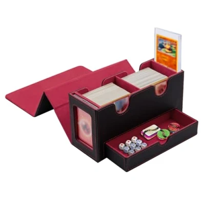 Abbildung von Tolesum Doppelschicht Card Deck Box für MTG，Gathering Kartenbox mit Schaufenster und Würfelfach PU Leder Starkes Magnetic Sammelkarten Kompatibel Magic Commander TCG Karten Schwarz Rot