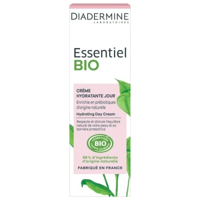 Abbildung von Diadermine Essentiel Bio feuchtigkeitsspendende Gesichtscreme angereichert mit Präbiotika natürlichen Ursprungs zertifiziert 99% Inhaltsstoffe 50 ml
