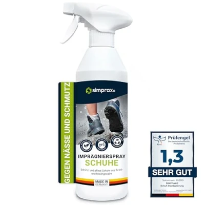 Abbildung von simprax® Schuh Imprägnierung Made in Germany für Outdoor und Wander Schuhe aus Stoff, Membran Mischgewebe GoreTex, Sneaker umweltfreundlich, zertifiziert, vegan 250ml