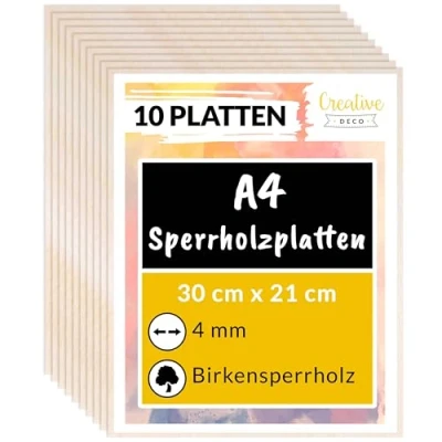 Abbildung von Creative Deco Bastelnaturmaterial Sperrholzplatte 4mm Birkensperrholz Dünne Holz Zuschnitte, (10 tlg), Perfektes Blatt für Laubsäge, Brandmalerei, Laserschnitt