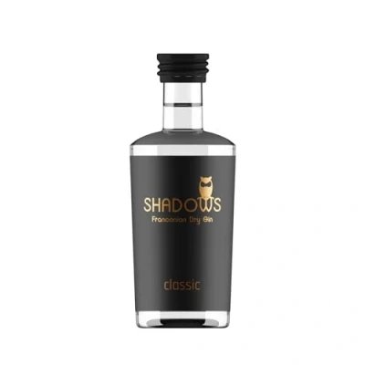 Abbildung von SHADOWS Franconian Dry Gin classic handcrafted Premium mit fruchtig würzigem Geschmack kleine fränkische Destillerie aromatischer für Genießer 50ml