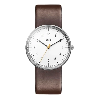 Abbildung von Braun Mens 3 Hand Analogue Quartz Watch, White Dial and Brown Leather Strap, 38mm Stainless Steel Case, Model BN0021WHBRG.