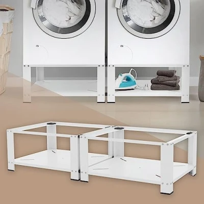 Abbildung von ML Design Doppel Waschmaschinen Untergestell mit 2 Ablagen, Weiß, 128x54 cm, Stahl, 2x 150kg, Stabiler Waschmaschinensockel Fach, 32cm hohes Podest, Erhöhung Unterbau Doppeluntergestell Doppelpodest