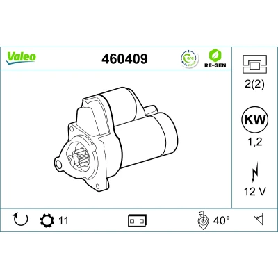 Abbildung von VALEO 460409 Anlasser 12 1,2 11 L 40 HYUNDAI: ix35, SANTA FE 2, H 1 Cargo, KIA: Sportage III, SORENTO 2