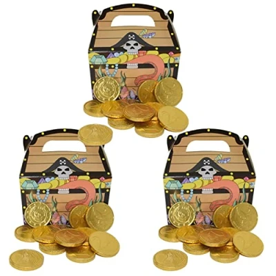 Abbildung von 3x 100g Goldmünzen aus Milchschokolade plus Piraten Schatzkiste Karton I Ideal als Mitgebsel und für Kindergeburtstage (3 x + 3 Piratenbox)