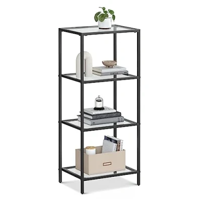 Abbildung von VASAGLE Regal mit 4 Ablagen, Badregal, gehärtetes Glas, einfache Montage, für Badezimmer, Wohnzimmer, Küche, Büro, transparent tintenschwarz LGT028B61