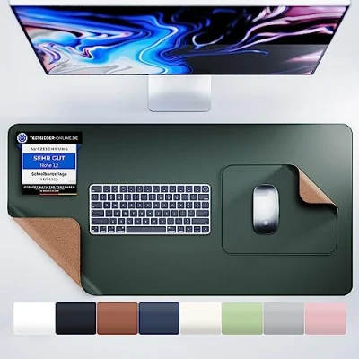 Abbildung von MYMIND® Schreibtischunterlage [2 er Set] 80x40cm Premium Qualität mit extra Mauspad Schreibunterlage für Homeoffice Schreibtisch Unterlagenmatte rutschfest Desk Mat Unterlage (Army Grün)