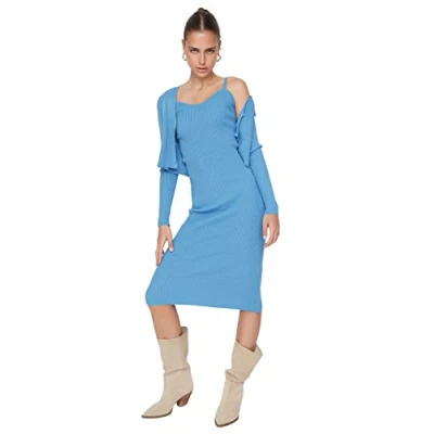 Abbildung von TRENDYOL Damen Woman Maxi Bodycon V Neck Knitwear Dress, Blau, L