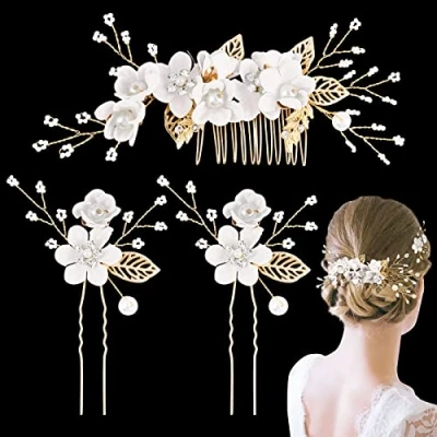 Abbildung von BETESSIN 3 Stk Haarschmuck Hochzeit Blumen Haarkamm Braut Perlen mit Haarnadeln Perle Gold Weiß Brautschmuck Haare Kopfschmuck Haarklammern für Frauen und Mädchen Party Accessoire