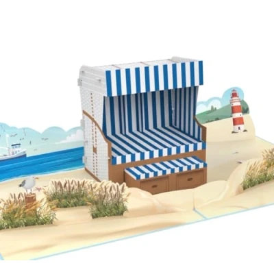 Abbildung von MOKIO® Pop Up Karte Strandkorb 3D Geburtstagskarte für einen Nordsee oder Ostsee Urlaub, als Gutschein eine Reise ans Meer