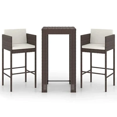Abbildung von vidaXL Gartenbar Set 3 TLG. mit Kissen Theke Bar Tresen Gartentheke Bartisch Stehtisch Barhocker Barstuhl Gartenmöbel Poly Rattan Braun